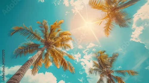Stunning panorama background featuring a blue sky and swaying palm trees, perfect for tropical travel websites. © DZMITRY