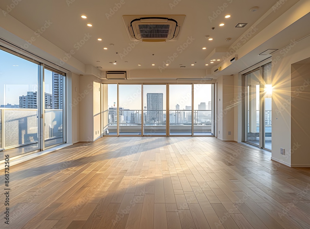 Fototapeta premium Bright and spacious living room with large windows and a beautiful view of the city