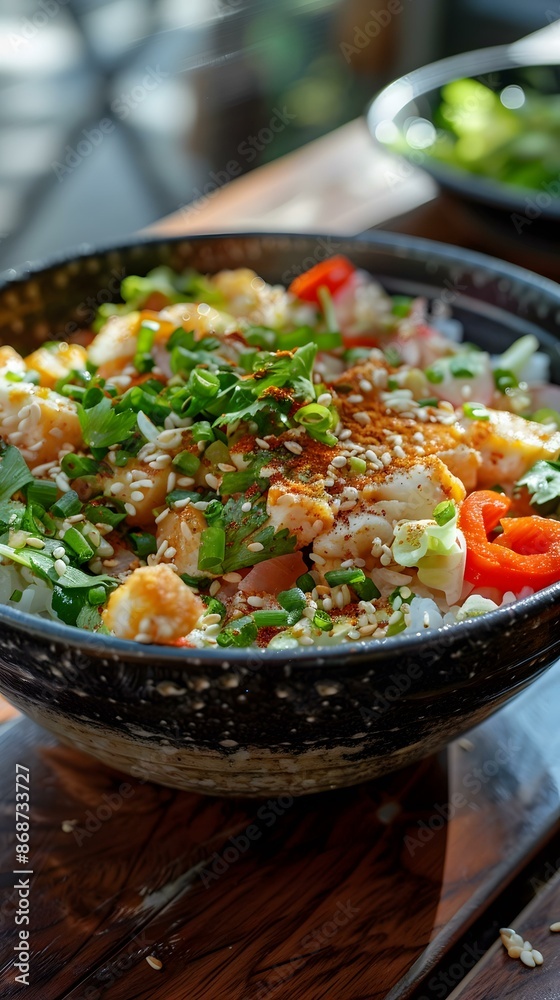 Closeup of a Bowl of Rice with Fried Tofu and Toppings Closeup of a Bowl of Rice with Fried Tofu and Toppings