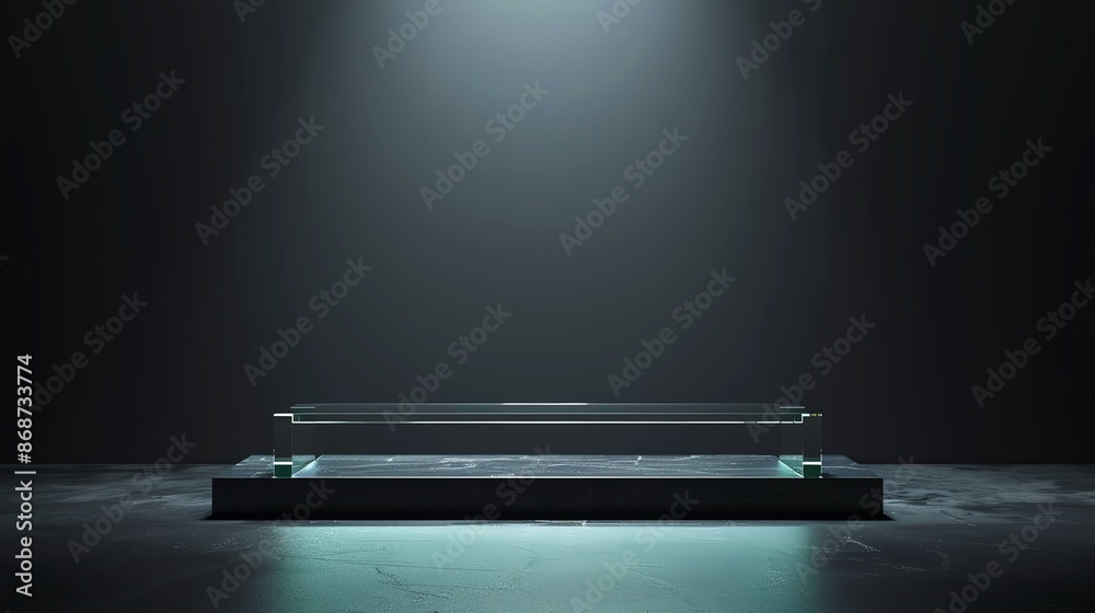 A glass platform illuminated by a spotlight on a dark background. The platform is perfect for showcasing products or displaying objects. A glass platform illuminated by a spotlight on a dark background. The platform is perfect for showcasing products or displaying objects.
