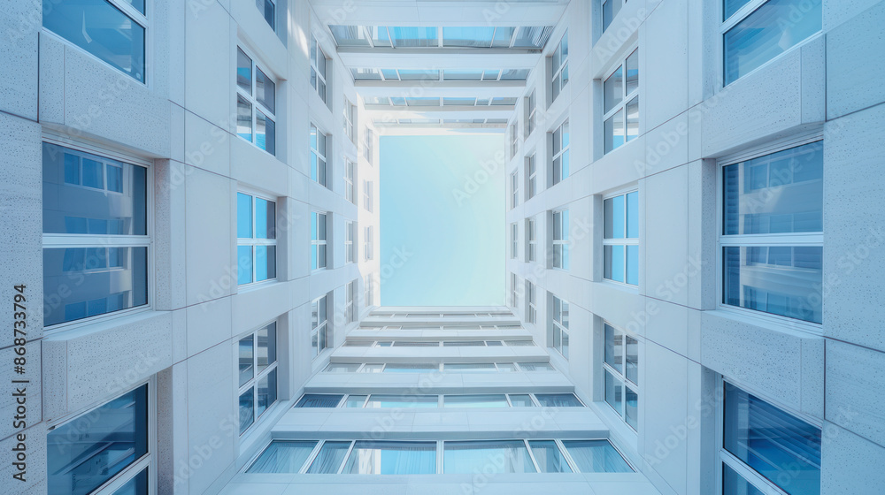 Fototapeta premium cubist modern architecture of white skyscraper seen from ground to the sky