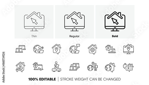 Office employee, Remote worker and Freelance job. Work at home line icons. Stay at home, internet work, remote teamwork line icons. Worker with computer, home workspace, shared network. Vector
