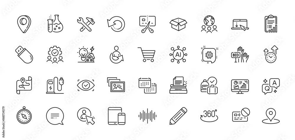 Cogwheel, Share and Spanner tool line icons pack. AI, Question and Answer, Map pin icons. Usb stick, Open box, Analytics graph web icon. Scroll down, Sound wave, Teamwork pictogram. Vector Cogwheel, Share and Spanner tool line icons pack. AI, Question and Answer, Map pin icons. Usb stick, Open box, Analytics graph web icon. Scroll down, Sound wave, Teamwork pictogram. Vector