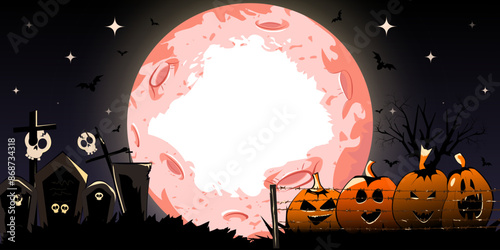  Happy Halloween party full moon night at the cemetery banner greeting, invitation, card, template background, poster, web, with pumpkin jack o lantern, bat, creepy crazy 