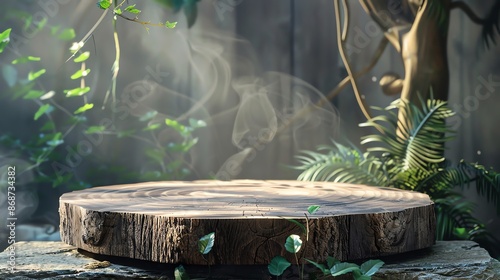 A rustic wooden stump in a lush green forest setting with sunlight shining through the foliage.  photo