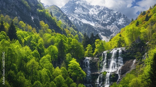 Scenic mountain landscape with vibrant green trees and a cascading waterfall.