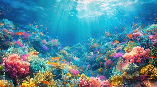 Coral reef ecosystem teeming with colorful marine life, ocean ecology © rookielion