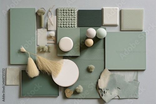 Designer monochrome mood board with materials and color swatches in pastel sage green color