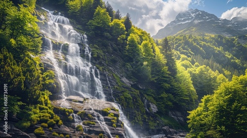 Scenic mountain landscape with vibrant green trees and a cascading waterfall.