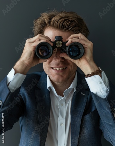 a man in a suit holding a pair of binoculars