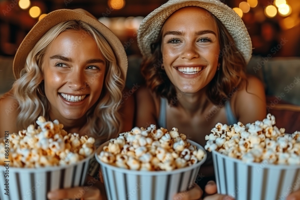 Two Friends Enjoying Popcorn at a Movie Theater Two Friends Enjoying Popcorn at a Movie Theater