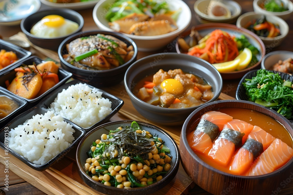 A delicious Japanese meal with many different dishes A delicious Japanese meal with many different dishes