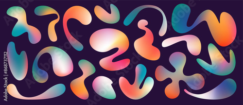 Liquid abstract organic blob shapes, silhouettes. Relax, colorul fluid  elements. Bubbles and drops in trendy y2k style. Spots, drops set. Soft gradient texture