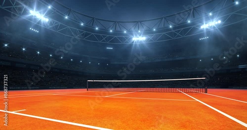 Modern sport stadium at night and clay tennis court ready for the match. Sports background as 4K video loop for advertising. photo