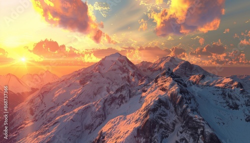 Majestic sunset over sunlit mountains captured in high quality image on a sunny day