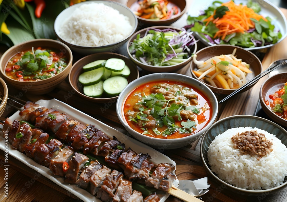 A variety of food on a table including rice, vegetables, and meat A variety of food on a table including rice, vegetables, and meat