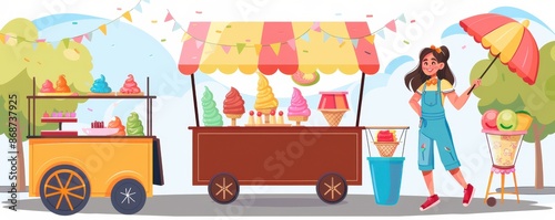 Illustration of a smiling girl handing an ice cream cone to a customer at an outdoor market. The cheerful scene captures the joy of enjoying sweet treats on a sunny day.