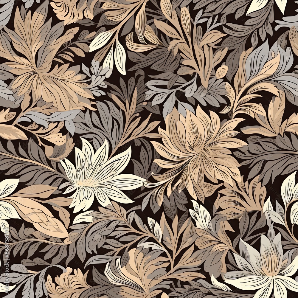 Abstract floral lino cuts of leaves and flowers designed in a random pattern