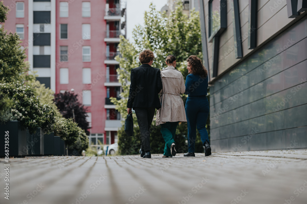 Group of businesspeople walking and engaging in conversation outdoors in an urban environment. City buildings and greenery surround their path, creating a modern business atmosphere. Group of businesspeople walking and engaging in conversation outdoors in an urban environment. City buildings and greenery surround their path, creating a modern business atmosphere.