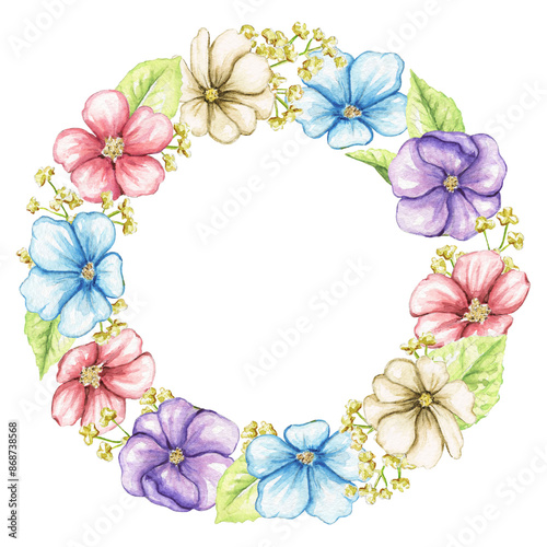 Round frame with vintage flowers, leaves and branches on white background. Watercolor hand drawn illustration