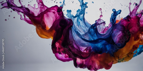 Fließende Farbmischung: Lebendige Tintenströme in Blau, Violett, Pink und Orange erzeugen eine dynamische und farbenfrohe Komposition auf weißem Hintergrund photo