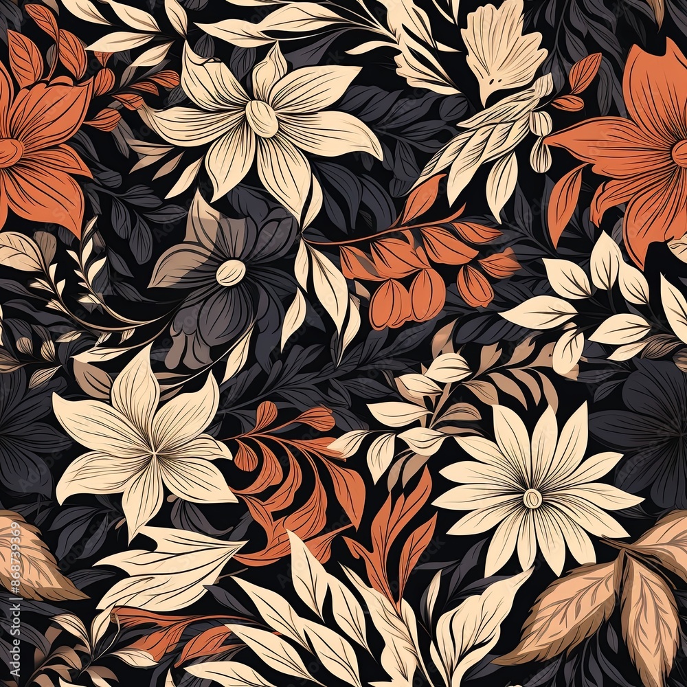 Abstract floral lino cuts of leaves and flowers designed in a random pattern Abstract floral lino cuts of leaves and flowers designed in a random pattern