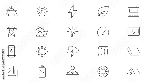 Solar Energy Line Icons set. Energy and power industry, sun energy, renewable source of energy, ecofriendly and power purchase agreement outline icon collection. UI thin outline icons pack