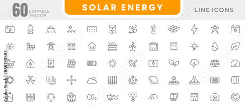 Solar Energy Line Icons set. Energy and power industry, sun energy, renewable source of energy, ecofriendly and power purchase agreement outline icon collection. UI thin outline icons pack