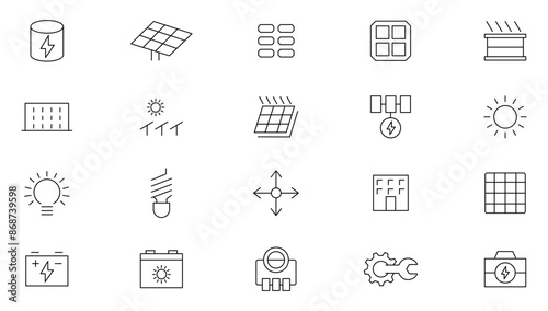 Solar Energy Line Icons set. Energy and power industry, sun energy, renewable source of energy, ecofriendly and power purchase agreement outline icon collection. UI thin outline icons pack