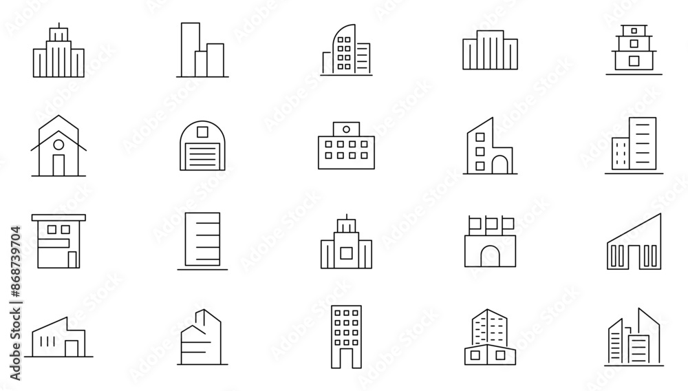 Building thin line icon set. Apartment, Industrial, house, hospital, restaurant, city, home, hotel, apartment, mall, coffee shop, land mark, historical place and place outline iocn collection. Building thin line icon set. Apartment, Industrial, house, hospital, restaurant, city, home, hotel, apartment, mall, coffee shop, land mark, historical place and place outline iocn collection.