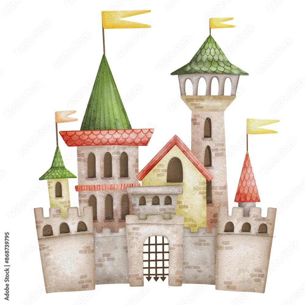 Medieval castle with flags and towers in digital watercolor style for ...