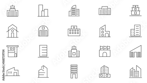 Building thin line icon set. Apartment, Industrial, house, hospital, restaurant, city, home, hotel, apartment, mall, coffee shop, land mark, historical place and place outline iocn collection.