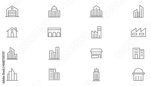 Building thin line icon set. Apartment, Industrial, house, hospital, restaurant, city, home, hotel, apartment, mall, coffee shop, land mark, historical place and place outline iocn collection.