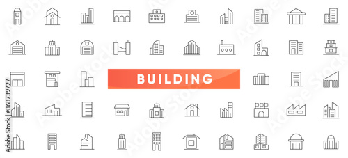 Building thin line icon set. Apartment, Industrial, house, hospital, restaurant, city, home, hotel, apartment, mall, coffee shop, land mark, historical place and place outline iocn collection.