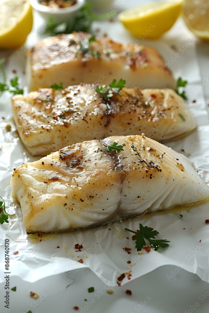 Three pieces of cooked white fish Three pieces of cooked white fish