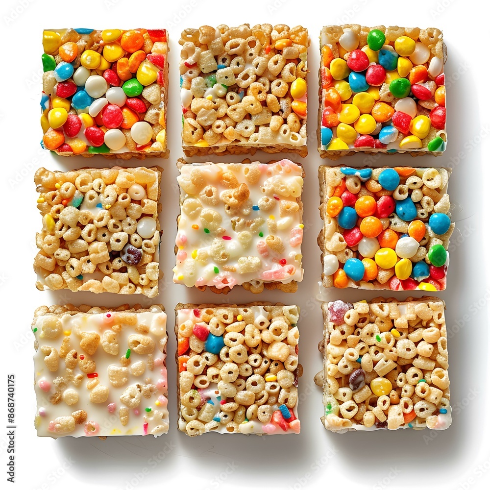 Nine squares of colorful cereal treats Nine squares of colorful cereal treats