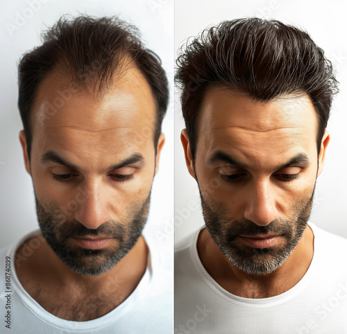 Collage of 2 photos a man with a hair loss problem before and after treatment, anti-hair loss procedures, hair transplant, on a white background, collage. Appointment with a trichologist.