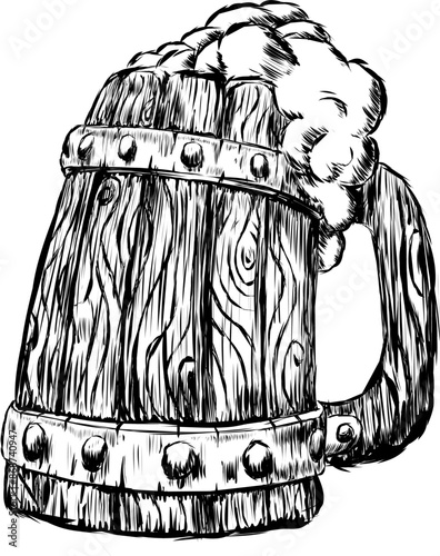 Hand-drawn wooden mug with foamy beer. Vector illustration Wooden old craft mug for tavern forged with metal rings and rivets. On wooden dishes there is a pattern and texture of wood. The foam covered