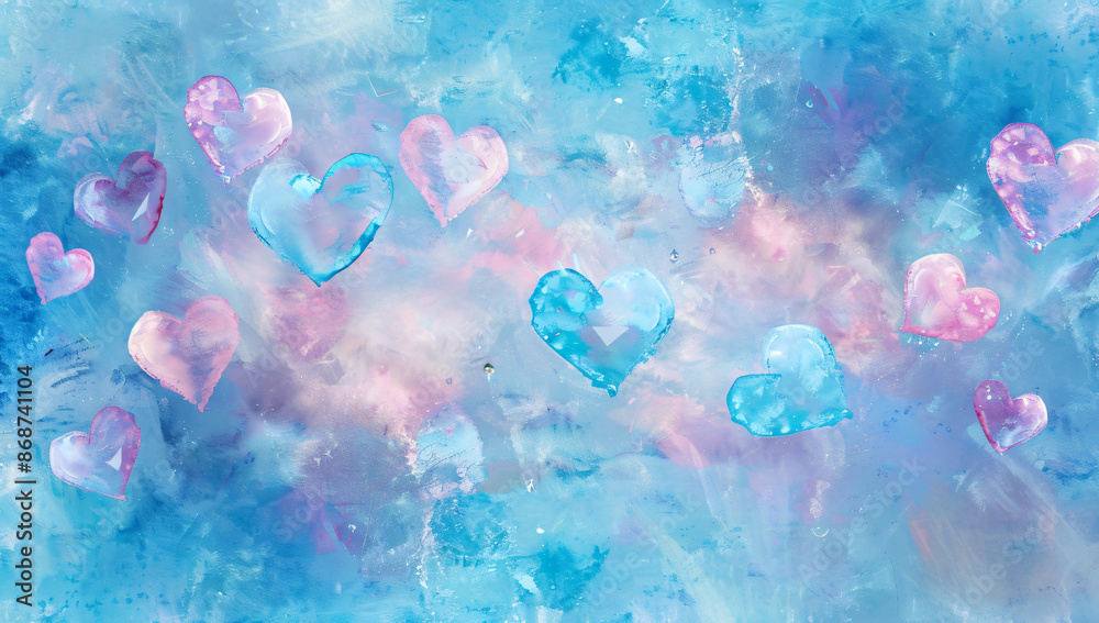 Valentine's Day background with pastel pink and blue hearts on a watercolor background Valentine's Day background with pastel pink and blue hearts on a watercolor background