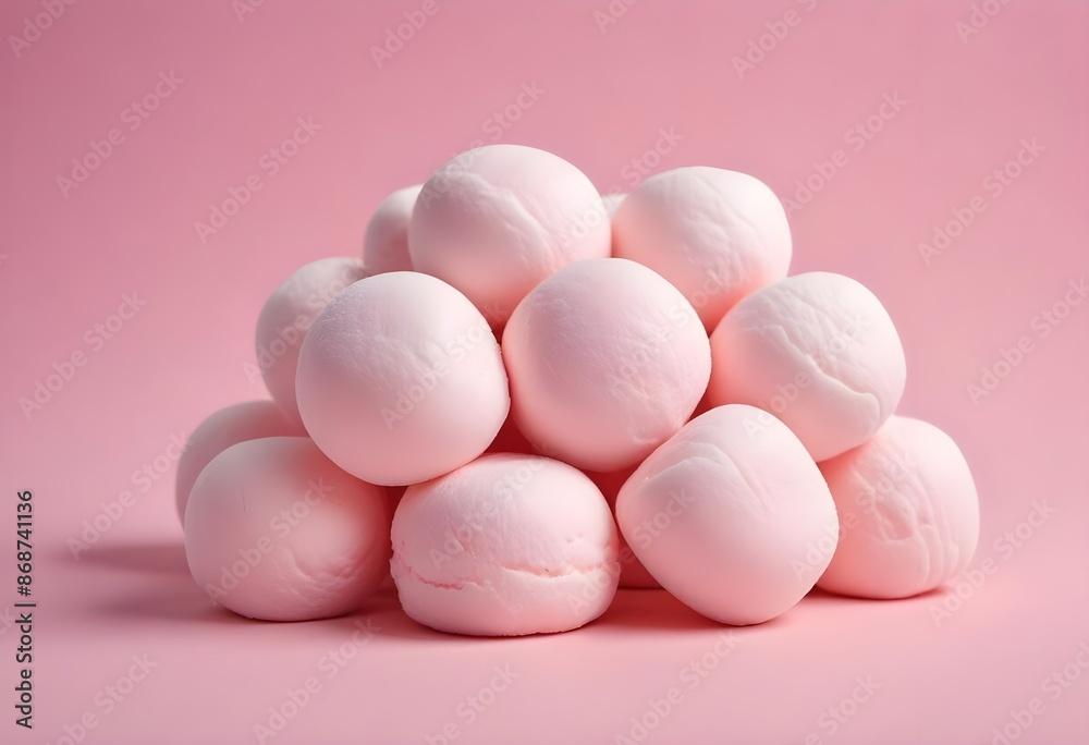 Soft pink marshmallows or cotton candy balls, close-up view of the fluffy, round confections against a pink background
Soft pink marshmallows or cotton candy balls, close-up view of the fluffy, round confections against a pink background
