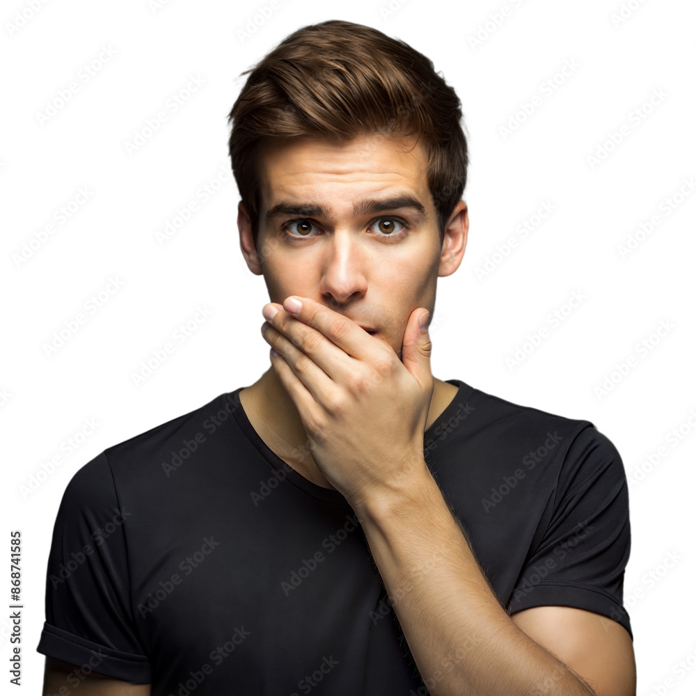 Shocked Young Man Covering Mouth With Hand in Studio Portrait Shocked Young Man Covering Mouth With Hand in Studio Portrait