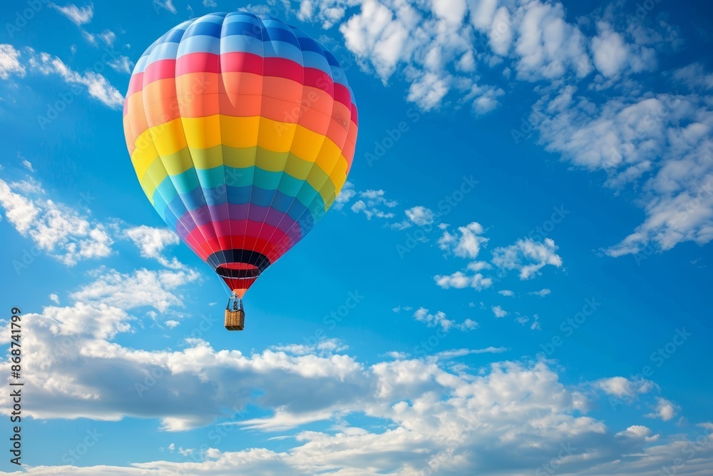 Colorful hot air balloon ascending in clear blue sky for an exhilarating and adventurous escape Colorful hot air balloon ascending in clear blue sky for an exhilarating and adventurous escape