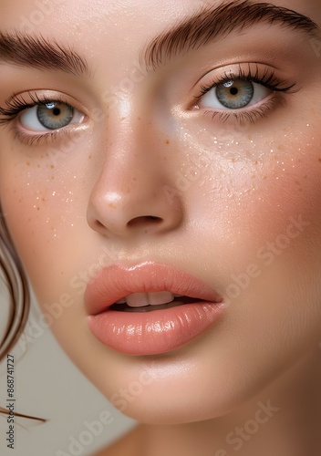 Close up portrait of a beautiful young woman with freckles on her face