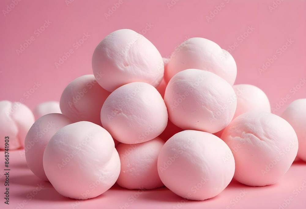 Soft pink marshmallows or cotton candy balls, close-up view of the fluffy, round confections against a pink background Soft pink marshmallows or cotton candy balls, close-up view of the fluffy, round confections against a pink background