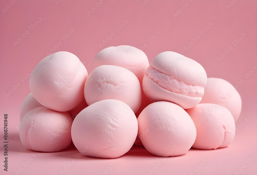 Soft pink marshmallows or cotton candy balls, close-up view of the fluffy, round confections against a pink background Soft pink marshmallows or cotton candy balls, close-up view of the fluffy, round confections against a pink background