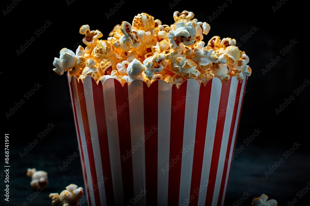 Buttered Popcorn in Red and White Striped Bucket on Black Background Buttered Popcorn in Red and White Striped Bucket on Black Background