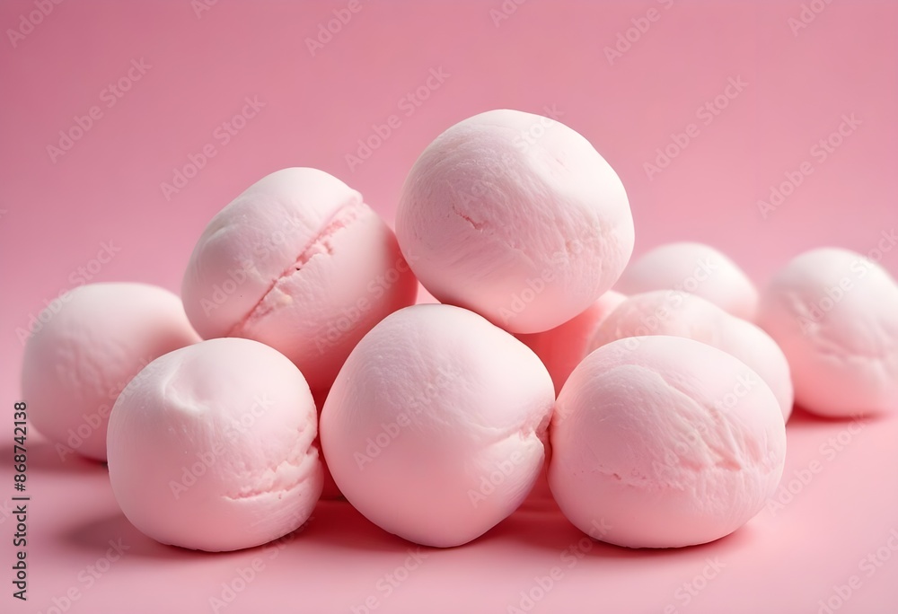 Soft pink marshmallows or cotton candy balls, close-up view of the fluffy, round confections against a pink background Soft pink marshmallows or cotton candy balls, close-up view of the fluffy, round confections against a pink background