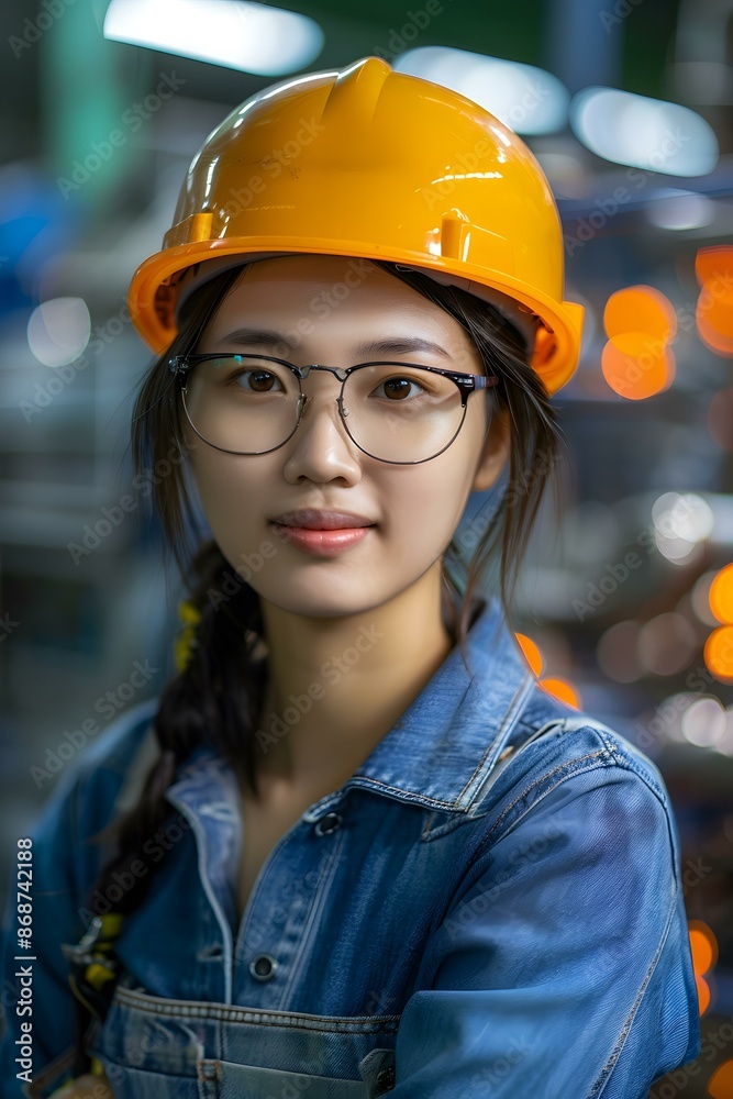 portrait of a young asian woman wearing a hard hat and safety glasses in a factory portrait of a young asian woman wearing a hard hat and safety glasses in a factory