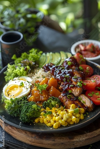 A delicious and healthy meal with grilled chicken, vegetables, and rice photo