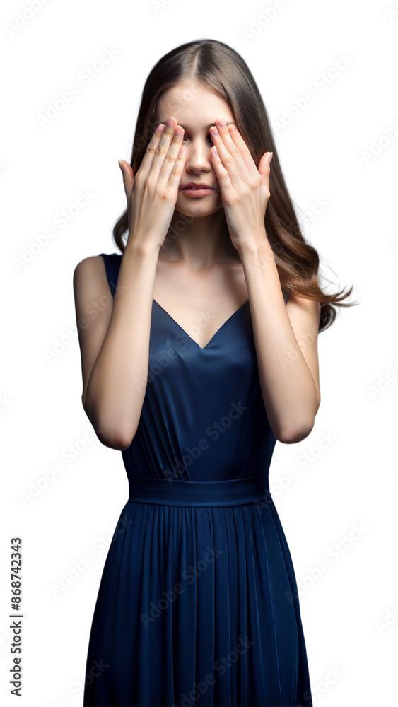 Young Woman In Blue Dress Covering Eyes With Hands Young Woman In Blue Dress Covering Eyes With Hands